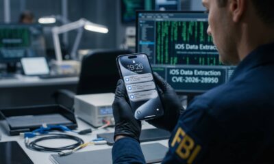A focused photograph from an over-the-shoulder perspective of an FBI forensic specialist in 2026, wearing an official patch and nitrile gloves. They are holding a modern iPhone in a dimly lit tech lab. The iPhone screen is the central focus, displaying multiple notifications with message previews that reveal private Signal conversations. The background is a detailed, slightly blurred lab environment with diagnostic equipment and computer monitors showing data analysis.