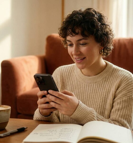 A candid lifestyle photograph of a focused woman sitting at a sunlit wooden desk, engrossed in an iPhone which displays a clear language lesson screen (like Duolingo). A cup of cappuccino, a pen, and an open notebook with vocabulary notes are on the desk, illustrating a personal classroom moment of quiet study.