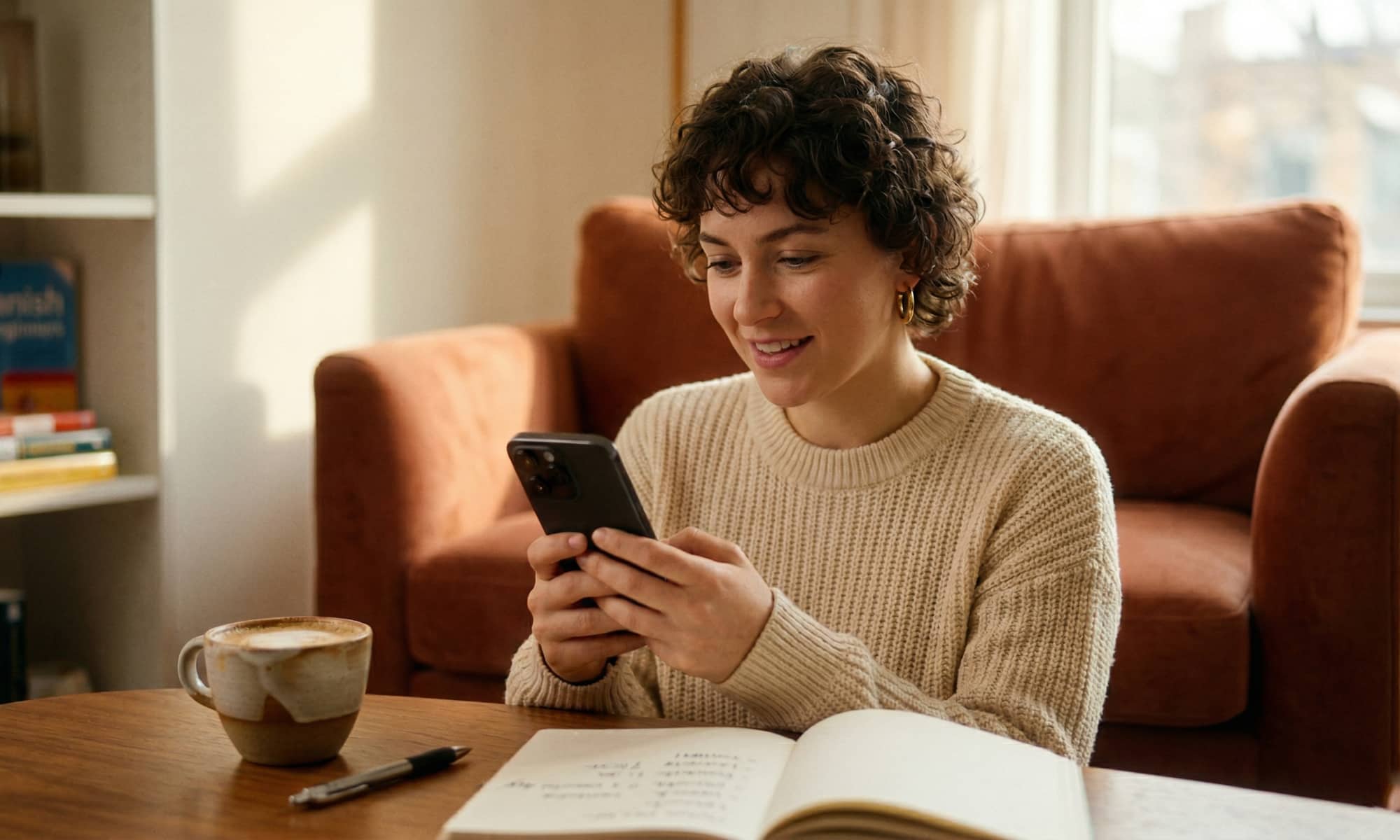 A candid lifestyle photograph of a focused woman sitting at a sunlit wooden desk, engrossed in an iPhone which displays a clear language lesson screen (like Duolingo). A cup of cappuccino, a pen, and an open notebook with vocabulary notes are on the desk, illustrating a personal classroom moment of quiet study.