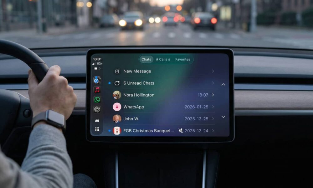 A modern car infotainment screen at twilight, displaying the verbatim CarPlay interface of the new WhatsApp 26.13.74 native app, which includes a detailed 'Chats' tab with specific contacts and unread messages from 2026.