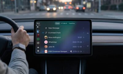 A modern car infotainment screen at twilight, displaying the verbatim CarPlay interface of the new WhatsApp 26.13.74 native app, which includes a detailed 'Chats' tab with specific contacts and unread messages from 2026.