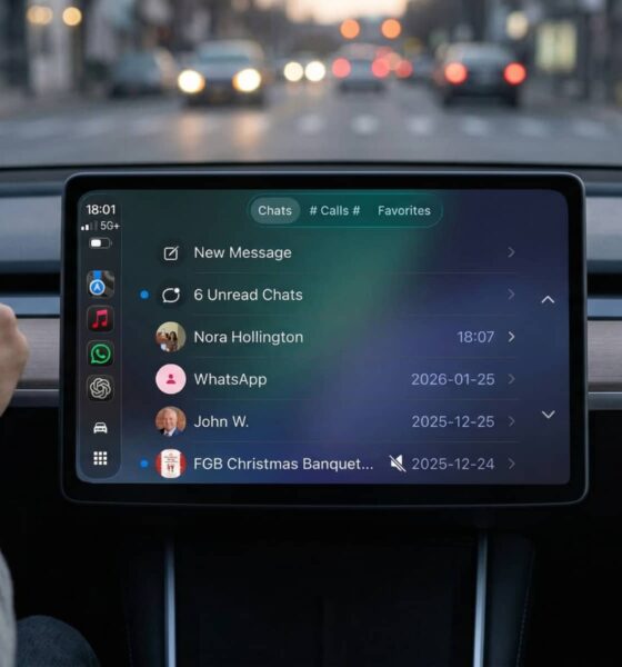 A modern car infotainment screen at twilight, displaying the verbatim CarPlay interface of the new WhatsApp 26.13.74 native app, which includes a detailed 'Chats' tab with specific contacts and unread messages from 2026.