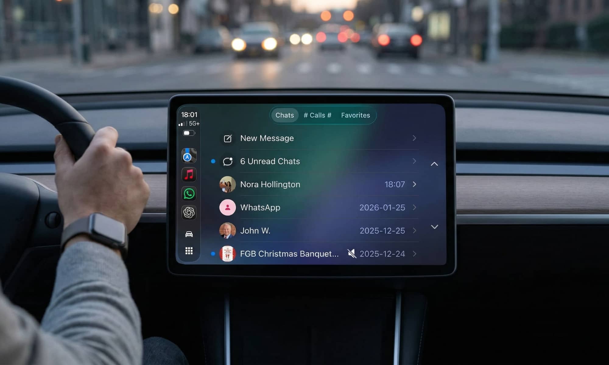 A modern car infotainment screen at twilight, displaying the verbatim CarPlay interface of the new WhatsApp 26.13.74 native app, which includes a detailed 'Chats' tab with specific contacts and unread messages from 2026.