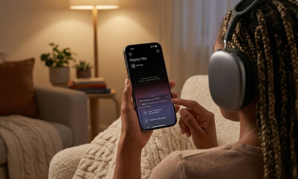 An over-the-shoulder lifestyle photo of a person wearing space gray AirPods Max headphones in a relaxing, warm-lit living room. They are holding an iPhone in dark mode, which is displaying the Apple Music "Playlist Playground" interface. The screen clearly shows the "What do you want to hear?" search prompt box and suggestions for "New Playlist Ideas" like "Songs from the '90s everyone knows" and "Weekend family getaway." Their fingers are poised to interact with the screen.