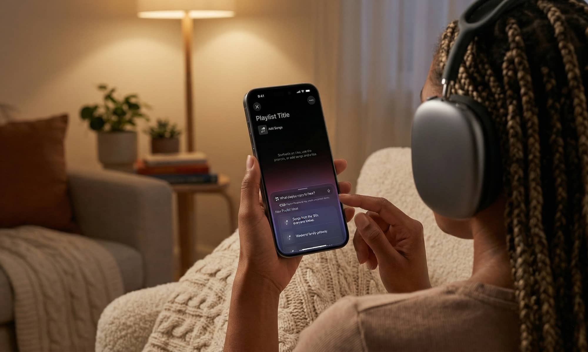 An over-the-shoulder lifestyle photo of a person wearing space gray AirPods Max headphones in a relaxing, warm-lit living room. They are holding an iPhone in dark mode, which is displaying the Apple Music "Playlist Playground" interface. The screen clearly shows the "What do you want to hear?" search prompt box and suggestions for "New Playlist Ideas" like "Songs from the '90s everyone knows" and "Weekend family getaway." Their fingers are poised to interact with the screen.