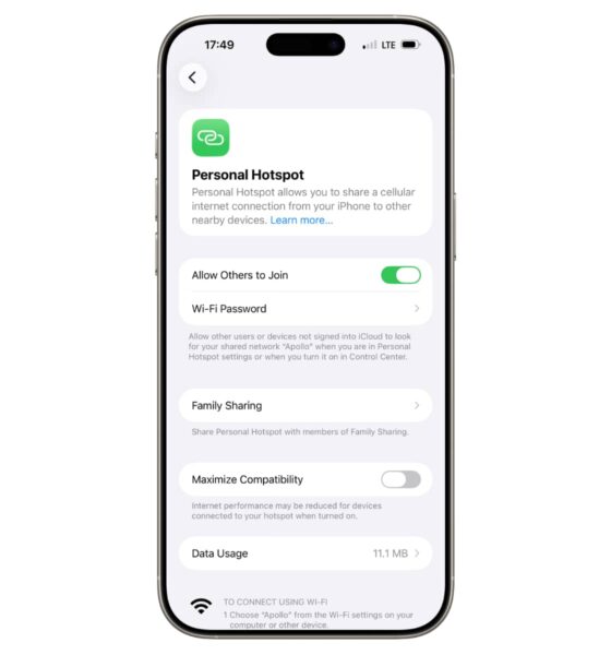 iOS 26.4 Personal Hotspot Settings