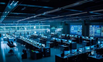 The inside of an office with computers and monitors. Generative AI.