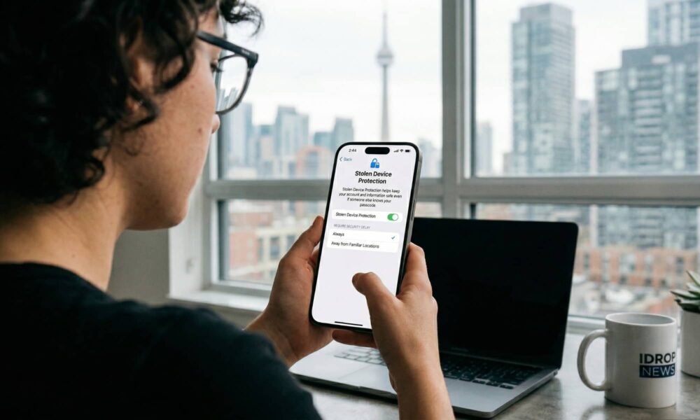An over-the-shoulder view of a person using an iPhone to view the Stolen Device Protection settings. The screen shows the feature toggled on with the "Always" security delay selected. The person is sitting at a desk with a laptop and an iDrop News coffee mug, with a bright city skyline in the background.