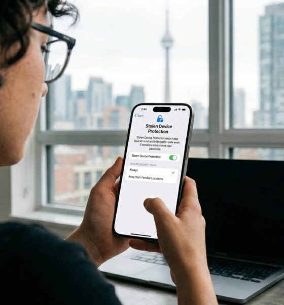 An over-the-shoulder view of a person using an iPhone to view the Stolen Device Protection settings. The screen shows the feature toggled on with the "Always" security delay selected. The person is sitting at a desk with a laptop and an iDrop News coffee mug, with a bright city skyline in the background.