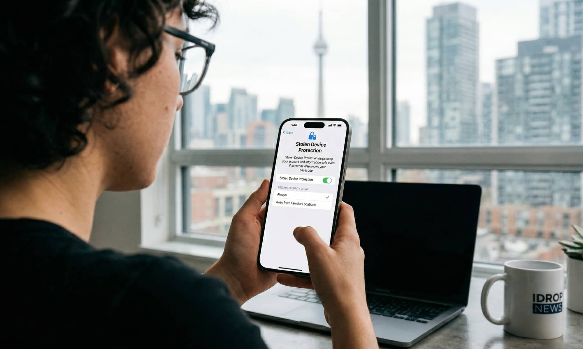 An over-the-shoulder view of a person using an iPhone to view the Stolen Device Protection settings. The screen shows the feature toggled on with the "Always" security delay selected. The person is sitting at a desk with a laptop and an iDrop News coffee mug, with a bright city skyline in the background.