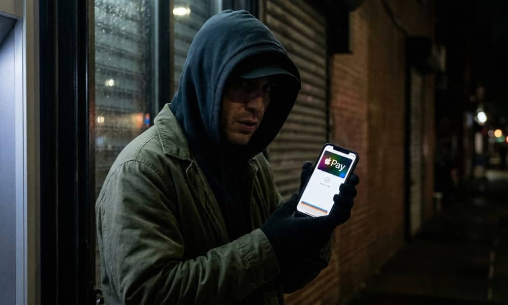 A dramatic, low-angle photograph taken at night in a dimly lit city alleyway. A man wearing a dark navy hoodie and an olive-green work jacket stands in the shadows, looking directly and seriously at the camera. He is wearing dark gloves and holding up an iPhone in his right hand, presenting it. The screen of the phone is brightly illuminated and clearly shows the white text: '? Pay'. The background is composed of a textured glass and metal door, a brick wall, and blurry, distant city lights.