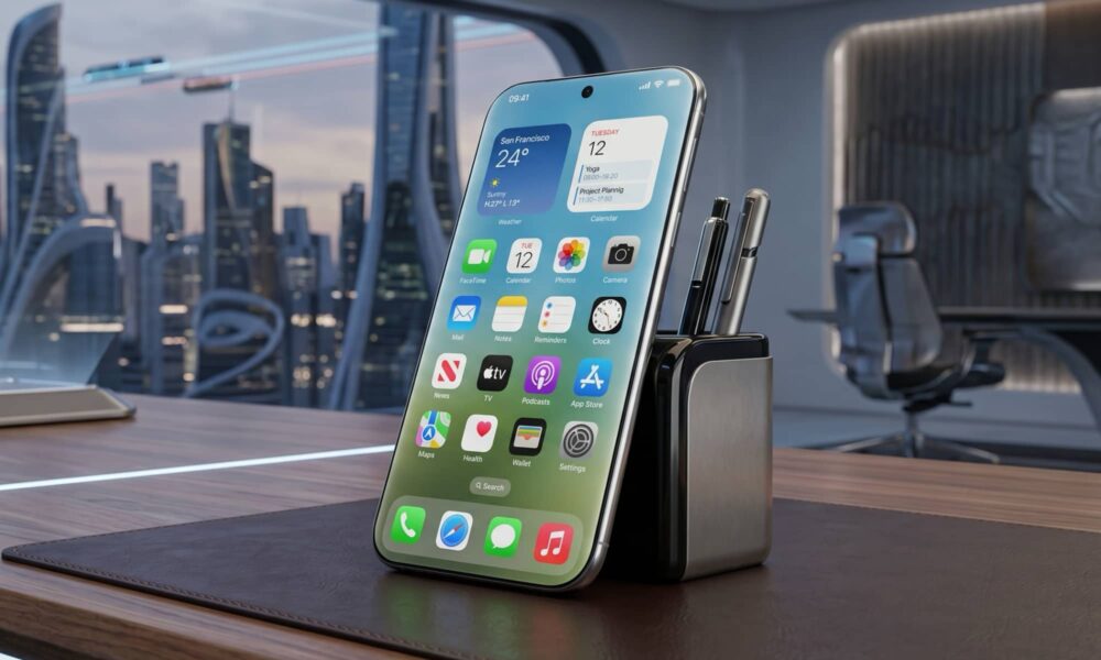 Concept image of an iPhone 20 in a futuristic executive office.