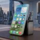 Concept image of an iPhone 20 in a futuristic executive office.