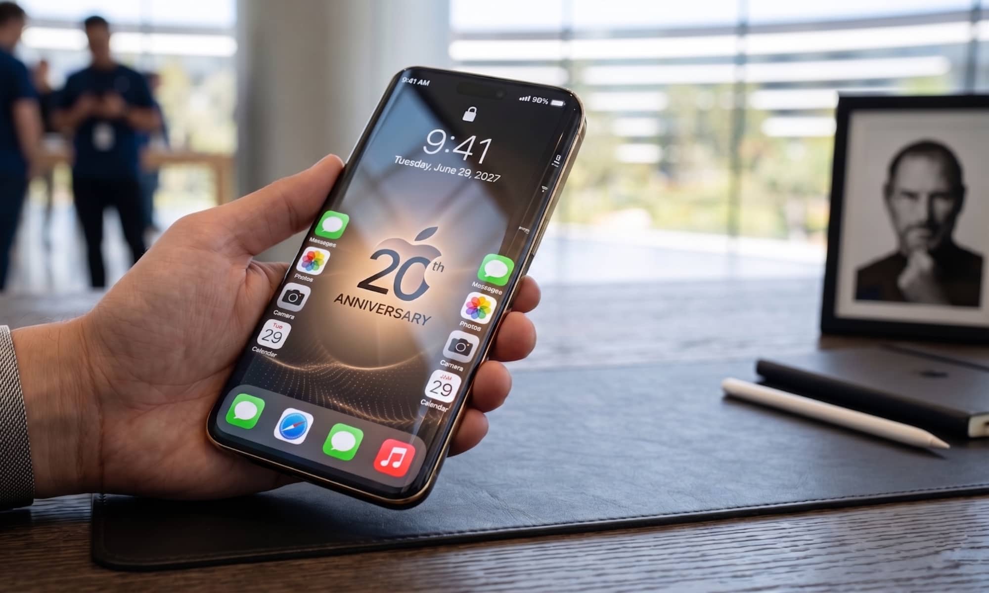 A detailed, realistic landscape photo of a hand holding the modern, sleek 'iPhone 20' concept. The phone screen displays a 2027 date and a special '20th Anniversary' wallpaper. The surrounding desk includes a Steve Jobs portrait and Apple Pencil on a seamless leather mat.