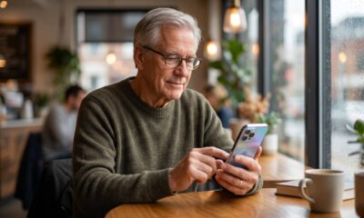A natural, candid-style photo of an older man with gray hair and glasses, smiling as he comfortably uses an iPhone while seated at a sunlit coffee shop table.