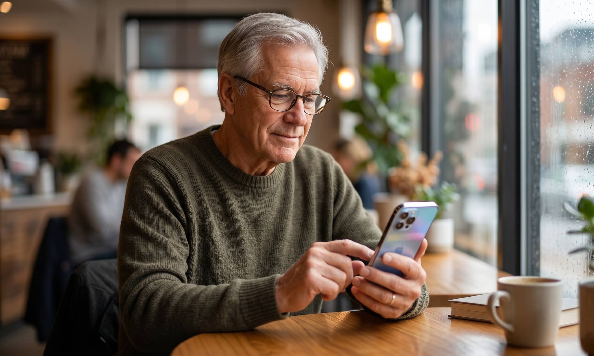 A natural, candid-style photo of an older man with gray hair and glasses, smiling as he comfortably uses an iPhone while seated at a sunlit coffee shop table.