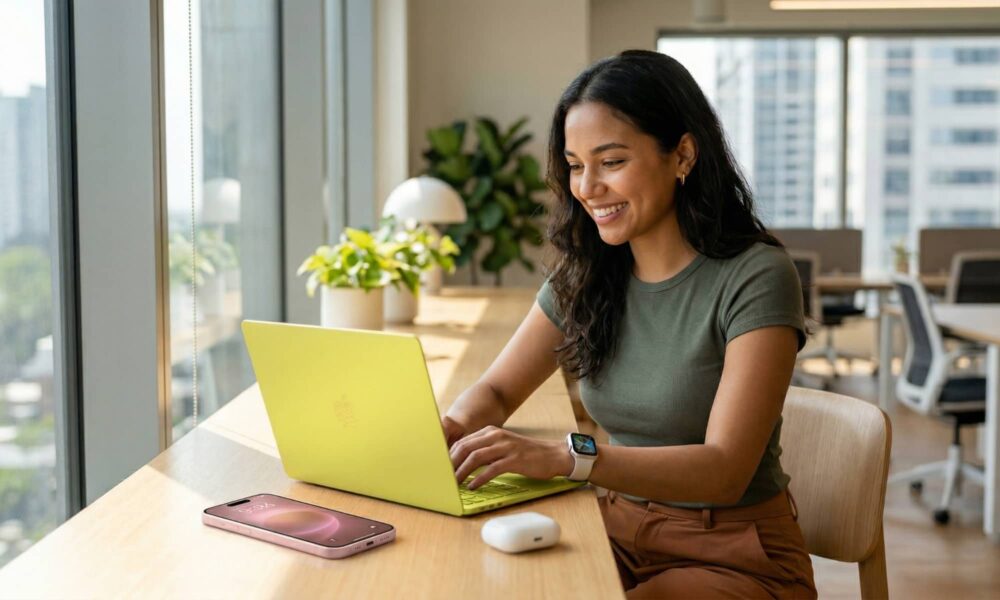 A diverse young professional smiling while working at a modern, sunlit desk with the 'Citrus' MacBook Neo, soft pink iPhone 17e, Apple Watch SE 3, and AirPods 4 arranged together, showcasing a complete and affordable Apple ecosystem in 2026.