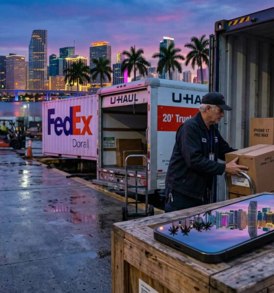 A cinematic illustration of a man loading boxes labeled ‘IPHONE 17 PRO MAX’ from a ‘FedEx Doral’ container into a U-Haul truck. A smartphone resting on a crate in the foreground reflects the Miami skyline at dusk.