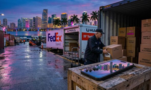 A cinematic illustration of a man loading boxes labeled ‘IPHONE 17 PRO MAX’ from a ‘FedEx Doral’ container into a U-Haul truck. A smartphone resting on a crate in the foreground reflects the Miami skyline at dusk.