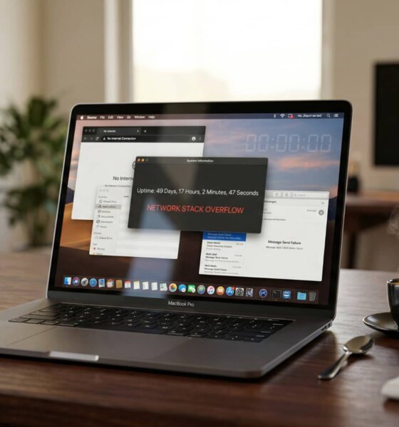 A MacBook Pro on a desk with a coffee cup, showing a network disconnection icon on the macOS 26 desktop.