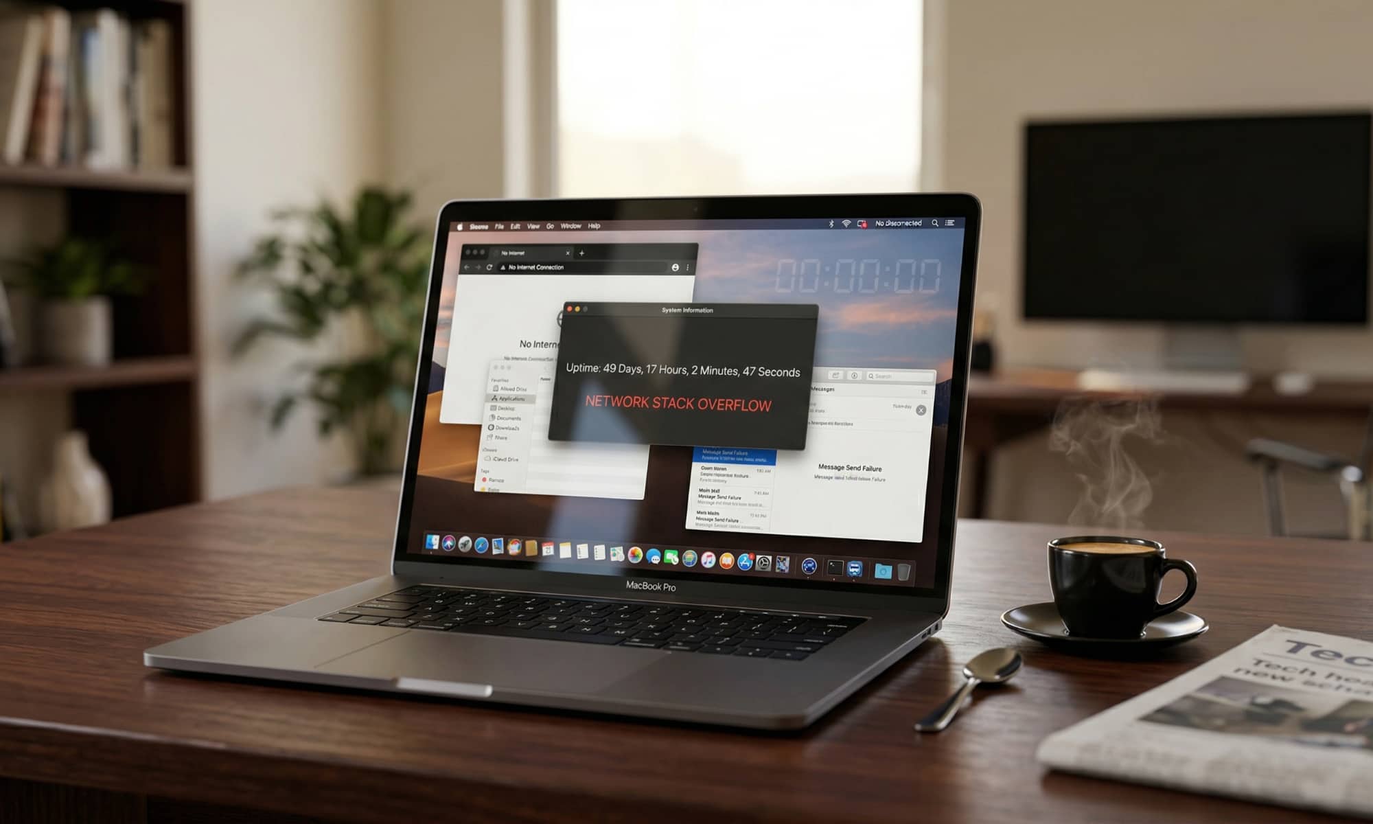A MacBook Pro on a desk with a coffee cup, showing a network disconnection icon on the macOS 26 desktop.