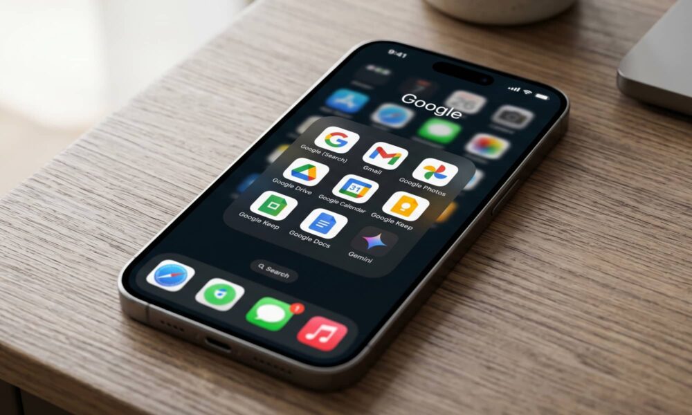 A close-up photograph of an iPhone running iOS 26, lying on a wooden desk next to a space grey laptop. The screen shows an open 'Google' folder containing specific icons for Gmail, Photos, Drive, Calendar, Keep, Docs, Gemini, and the main Google search app.