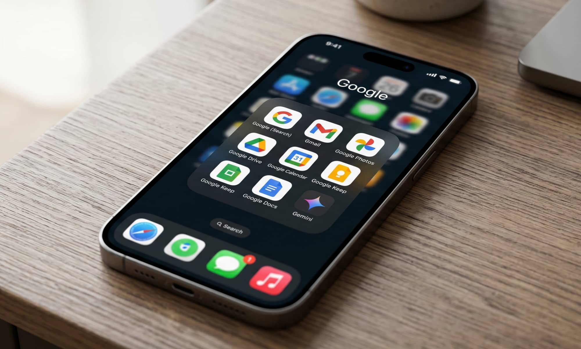 A close-up photograph of an iPhone running iOS 26, lying on a wooden desk next to a space grey laptop. The screen shows an open 'Google' folder containing specific icons for Gmail, Photos, Drive, Calendar, Keep, Docs, Gemini, and the main Google search app.