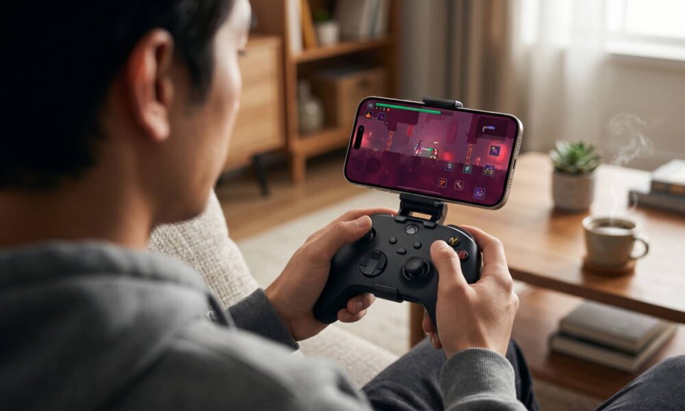 An over-the-shoulder lifestyle photograph capturing a focused mobile gamer gripping a Bluetooth console controller with an iPhone securely mounted above it. The iPhone screen clearly displays a moment of intense 2D action combat from the game Dead Cells, set in a cozy, well-lit modern living room with blurred background details.