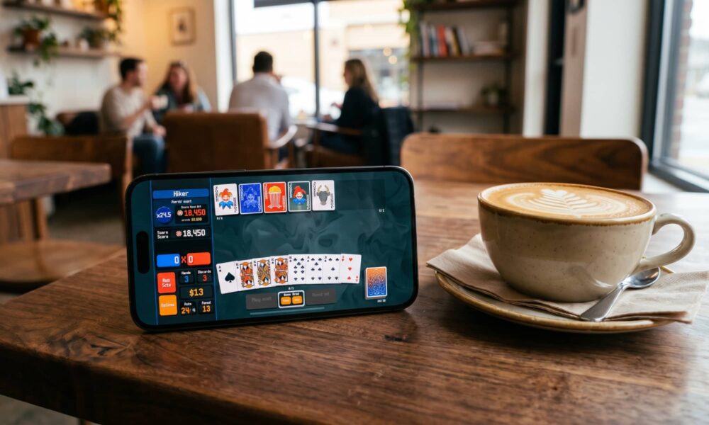 An iPhone showing a vibrant card game on an iPhone 17 Pro in a modern coffee shop setting.