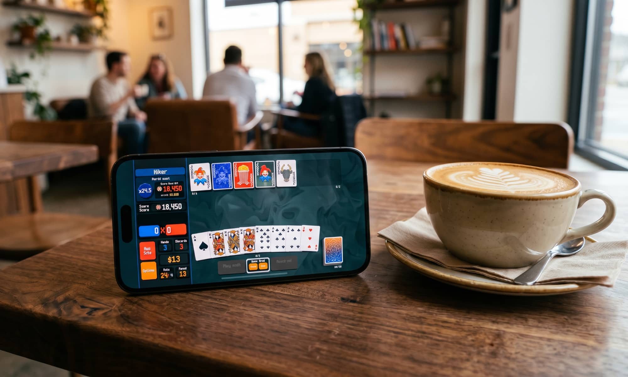 An iPhone showing a vibrant card game on an iPhone 17 Pro in a modern coffee shop setting.