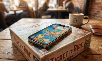 An iPhone running the digital Ticket to Ride game rests directly upon an unopened physical Ticket to Ride board game box on a warm wooden table in a busy cafe, illustrating the blend of modern mobile gaming and traditional tabletop play.