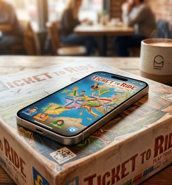 An iPhone running the digital Ticket to Ride game rests directly upon an unopened physical Ticket to Ride board game box on a warm wooden table in a busy cafe, illustrating the blend of modern mobile gaming and traditional tabletop play.