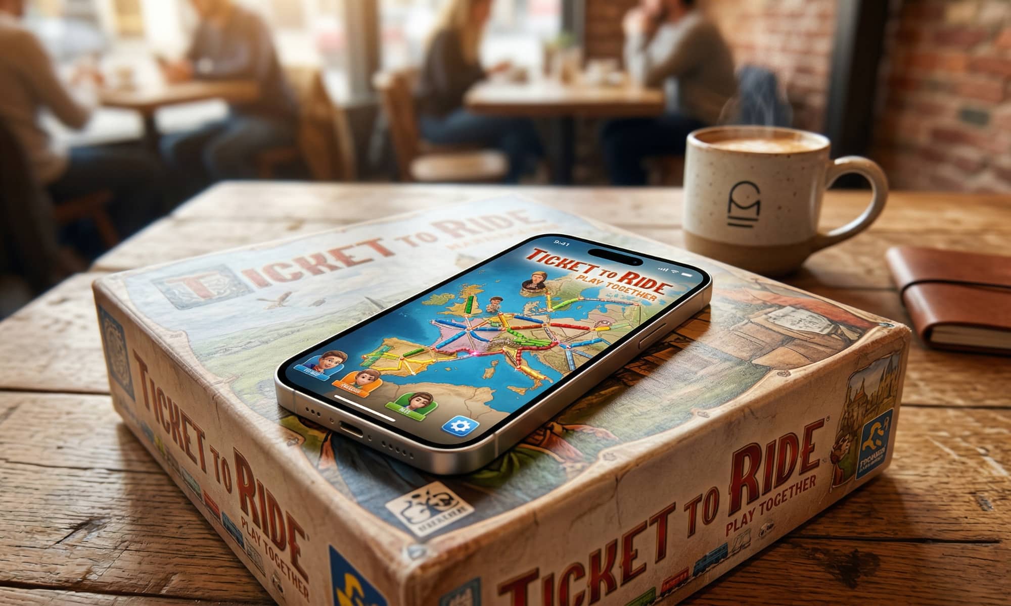 An iPhone running the digital Ticket to Ride game rests directly upon an unopened physical Ticket to Ride board game box on a warm wooden table in a busy cafe, illustrating the blend of modern mobile gaming and traditional tabletop play.