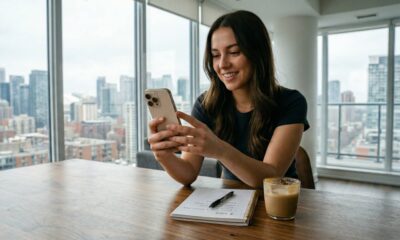 A young woman smiling while using her iPhone at a wooden desk in a modern high-rise office overlooking a city skyline.