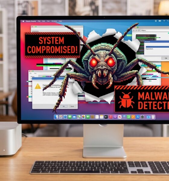 A Mac Studio and Studio Display on a modern desk showing a large bug and virus infection warnings on the screen.