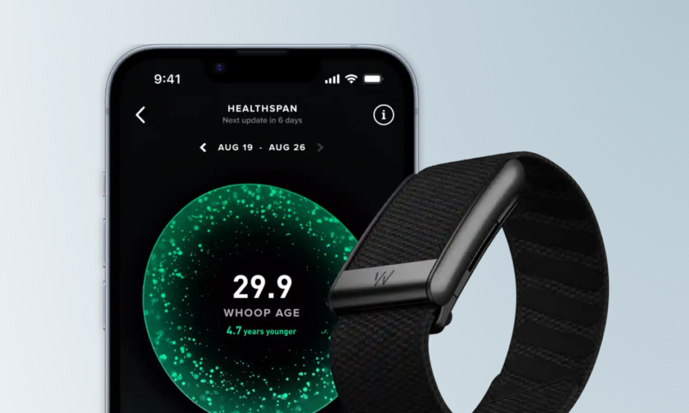 Whoop band and app displayed on smartphone screen