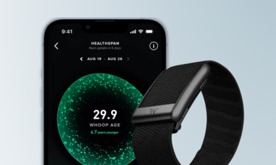 Whoop band and app displayed on smartphone screen