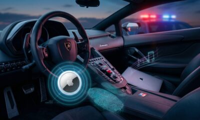 An abstract tech crime conceptual illustration inside a left-hand drive luxury sports car interior at dusk, featuring a glowing Apple AirTag tracker graphic, digital fingerprint evidence, a MacBook with neon musical notes on the passenger seat, and flashing police lights visible through the window.