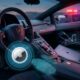 An abstract tech crime conceptual illustration inside a left-hand drive luxury sports car interior at dusk, featuring a glowing Apple AirTag tracker graphic, digital fingerprint evidence, a MacBook with neon musical notes on the passenger seat, and flashing police lights visible through the window.