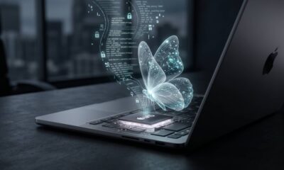 A MacBook Pro sits on a desk in a dark room with a glowing M5 chip and a holographic butterfly representing Anthropic's Project Glasswing AI.