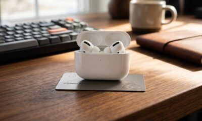 A set of AirPods Pro 3 with the case open, resting on top of a physical titanium Apple Card on a grained wooden desk. The front of the open case clearly displays 'AirPods Pro 3'. The image is a close-up lifestyle shot with natural lighting.