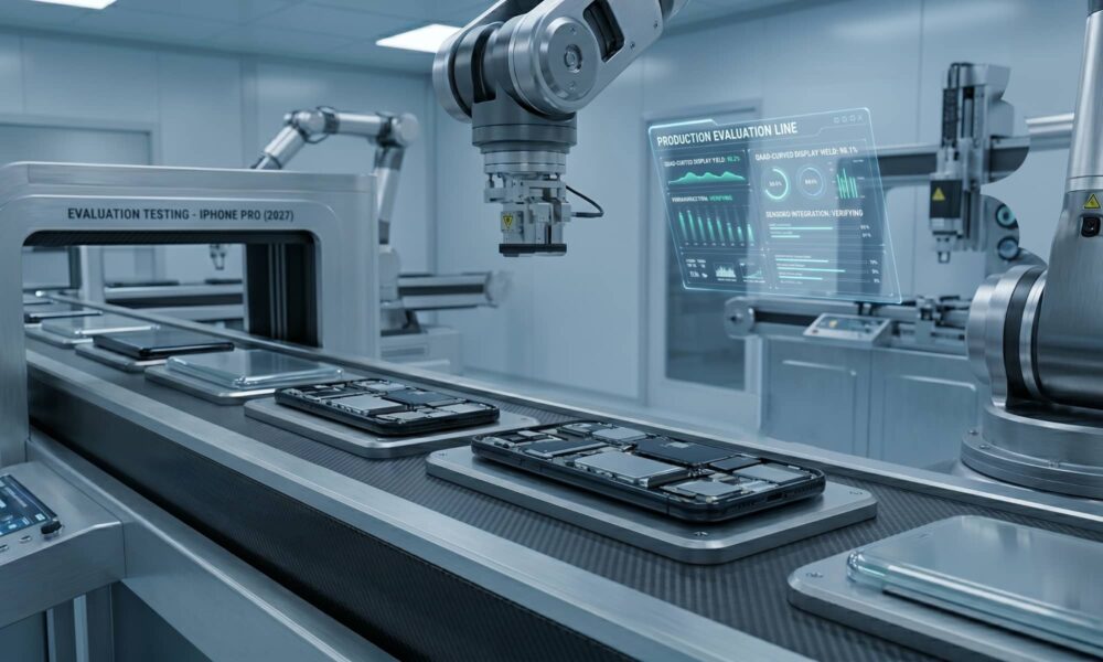 AI concept image of a futuristic, automated factory assembly line with robotic arms evaluating flat 2027 iPhone Pro prototypes on a moving conveyor belt. A glowing holographic HUD interface displays real-time testing analytics in a clean, high-tech manufacturing facility.