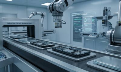 AI concept image of a futuristic, automated factory assembly line with robotic arms evaluating flat 2027 iPhone Pro prototypes on a moving conveyor belt. A glowing holographic HUD interface displays real-time testing analytics in a clean, high-tech manufacturing facility.