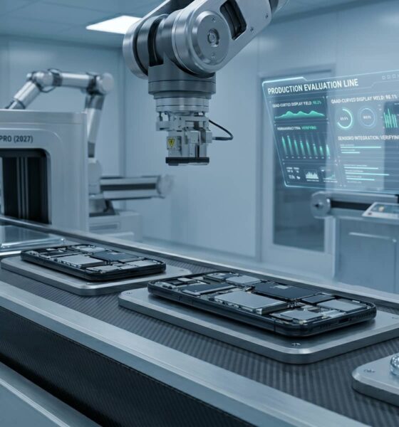 AI concept image of a futuristic, automated factory assembly line with robotic arms evaluating flat 2027 iPhone Pro prototypes on a moving conveyor belt. A glowing holographic HUD interface displays real-time testing analytics in a clean, high-tech manufacturing facility.