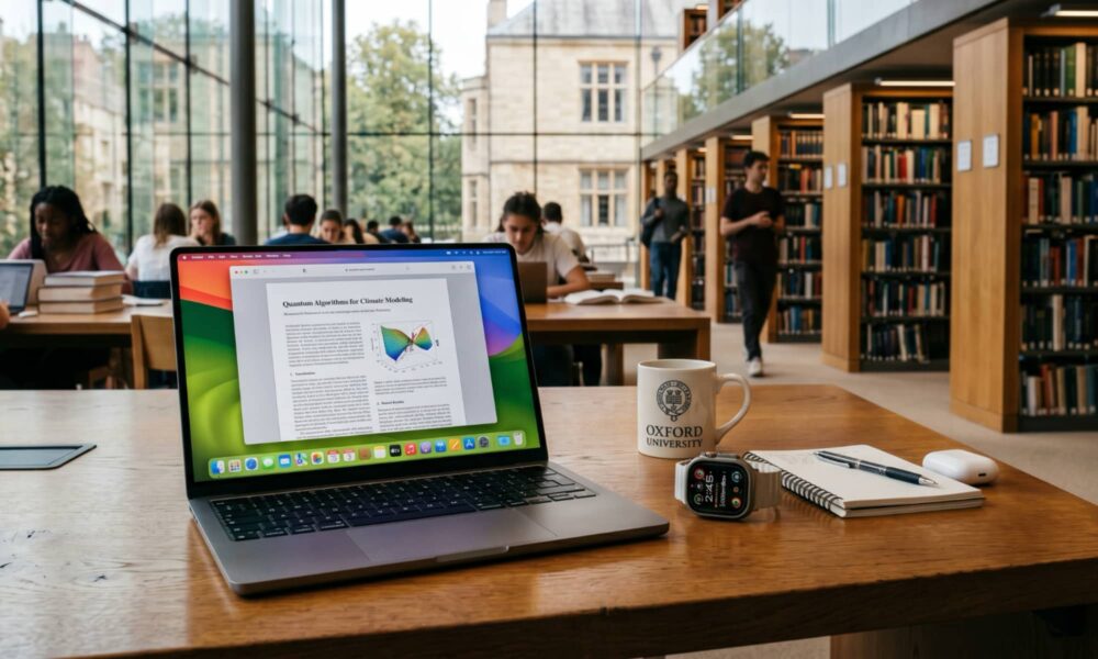 A MacBook Neo and an Apple Watch on a university library desk with a blurred backgroudn of students studying in a modern library setting.