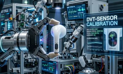 A futuristic conceptual photograph showing a pair of protoype AirPods on a high-tech automated assembly line. Robotic arms hold one AirPod under inspection, clearly revealing two miniature camera lenses integrated into the slightly extended stem, which has a subtle green LED status ring. Glowing diagnostic screens in the background display technical data and diagrams.