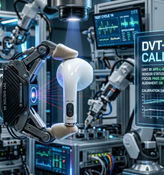 A futuristic conceptual photograph showing a pair of protoype AirPods on a high-tech automated assembly line. Robotic arms hold one AirPod under inspection, clearly revealing two miniature camera lenses integrated into the slightly extended stem, which has a subtle green LED status ring. Glowing diagnostic screens in the background display technical data and diagrams.