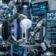A futuristic conceptual photograph showing a pair of protoype AirPods on a high-tech automated assembly line. Robotic arms hold one AirPod under inspection, clearly revealing two miniature camera lenses integrated into the slightly extended stem, which has a subtle green LED status ring. Glowing diagnostic screens in the background display technical data and diagrams.