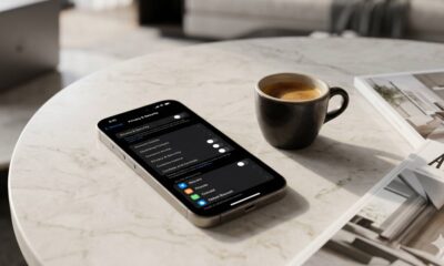 A modern iPhone 17 Pro displaying the Privacy & Security settings menu lies on a light marble coffee table next to a double espresso.