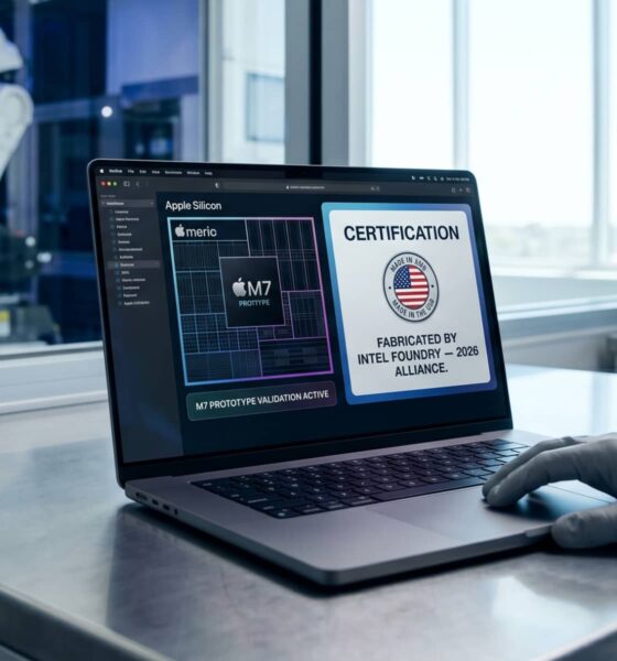 A 2026 MacBook Pro displayed inside a high-tech Intel fabrication facility showing a 'Made in the USA' certification on its screen.